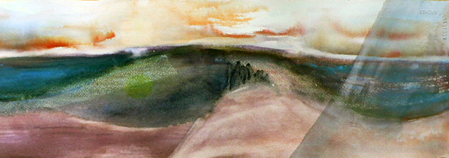 <i>À l'aube du septième jour</i><br />aquarelle sur papier Arches, 2011, 19 x 56 cm <br />collection privée