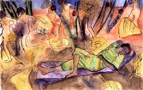 <i>La fraîcheur du manguier</i><br />aquarelle sur papier Arches, 2002, 46 x 72 cm <br /> collection privée